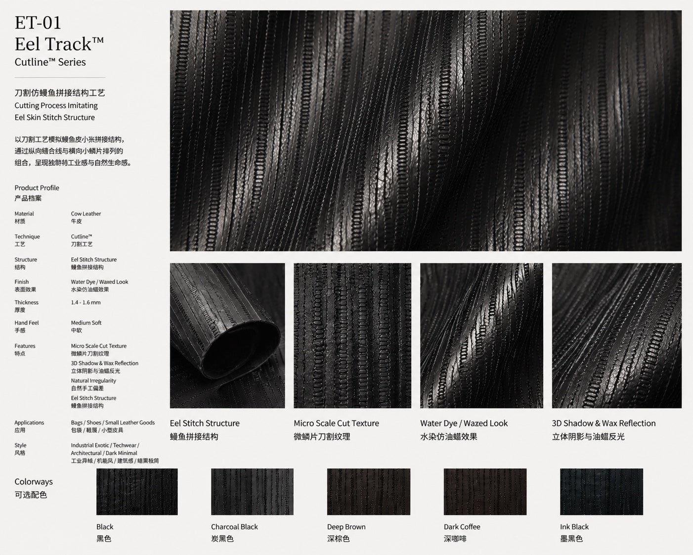 ET-01 Eel Track cutline leather with eel stitch inspired linear texture detail board