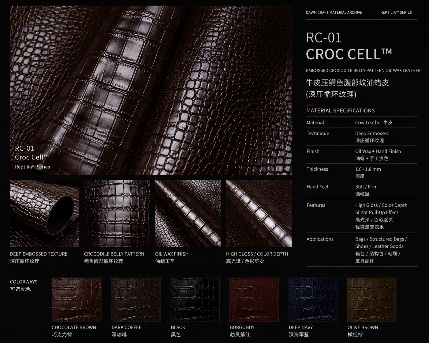 RC-01 Croc Cell crocodile belly pattern embossed leather detail board