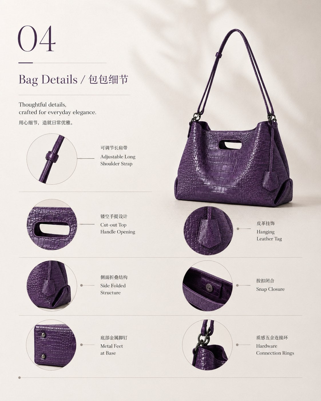 Soft Carry Bag hardware, handle, strap and pouch detail views