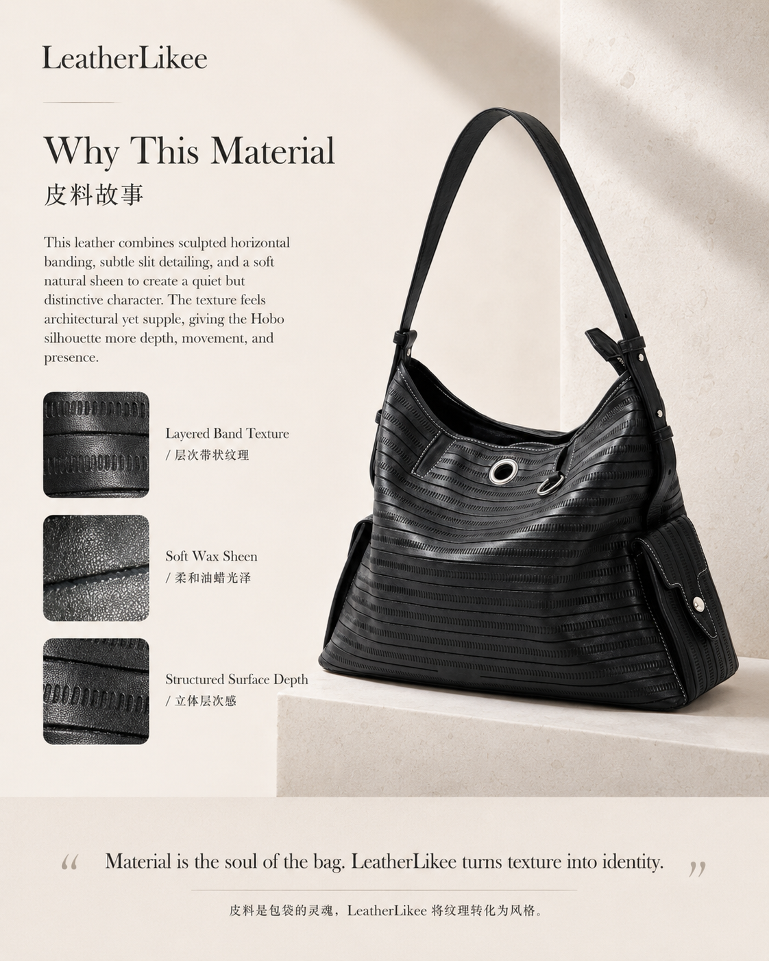 Angled view of black textured leather hobo bag with relaxed structure