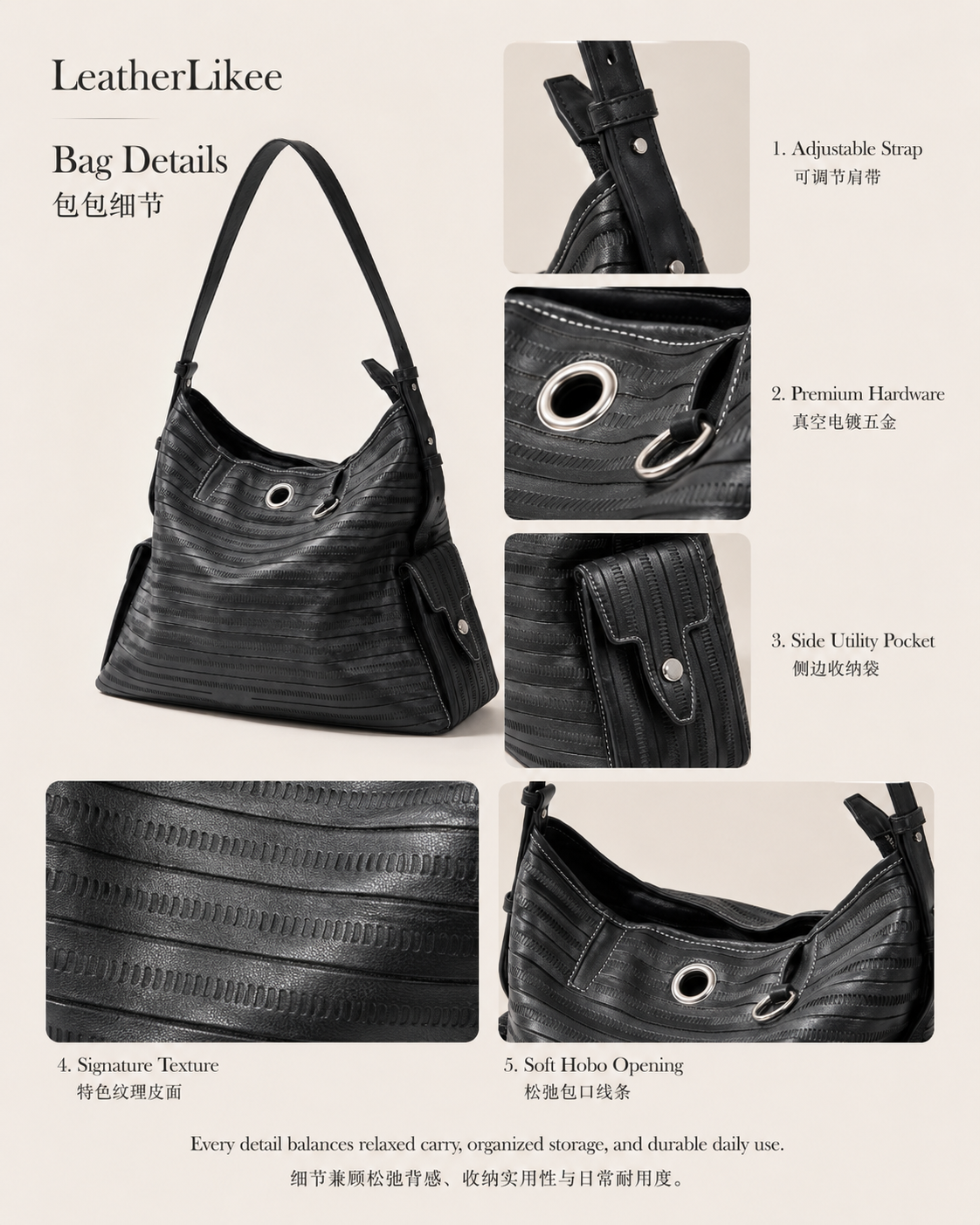 Back view of black textured leather hobo bag with soft slouching silhouette