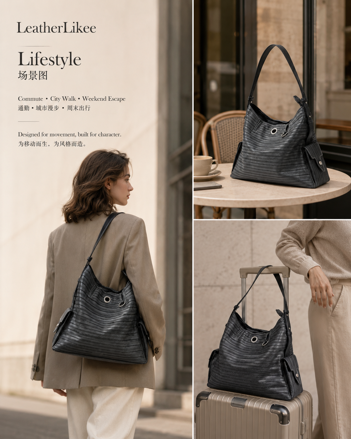 Adjustable shoulder strap detail on black textured leather hobo bag