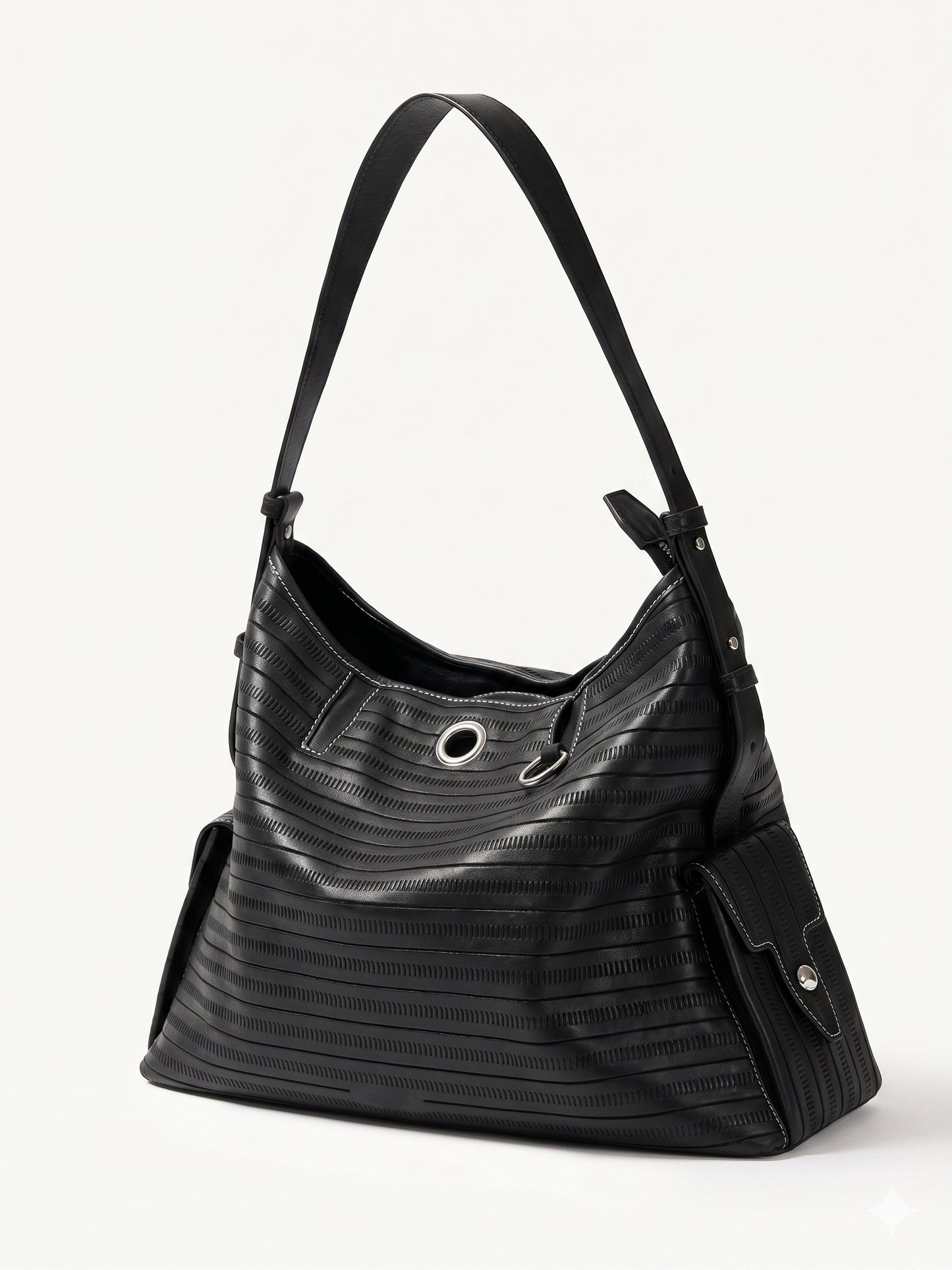 Black textured leather hobo bag in Cutline surface by LeatherLikee
