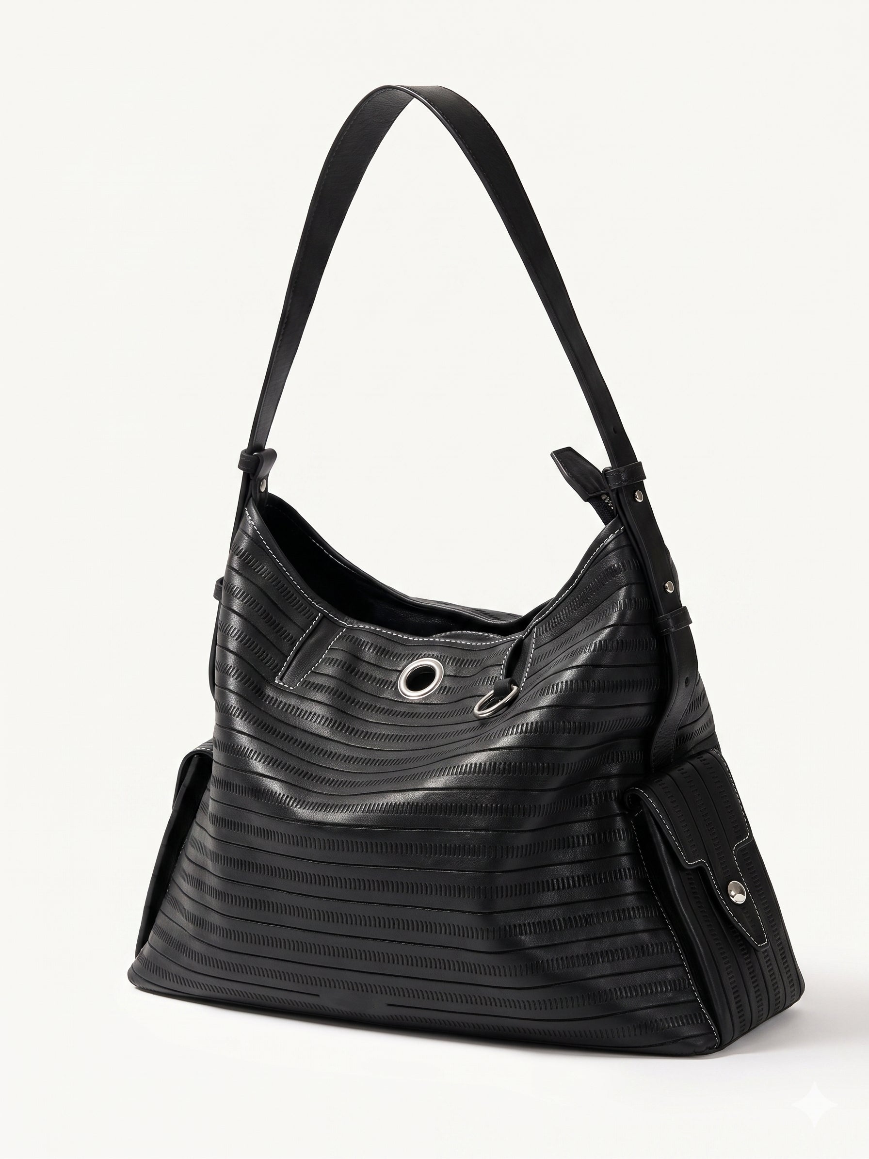 Black textured leather hobo bag in Cutline surface by LeatherLikee