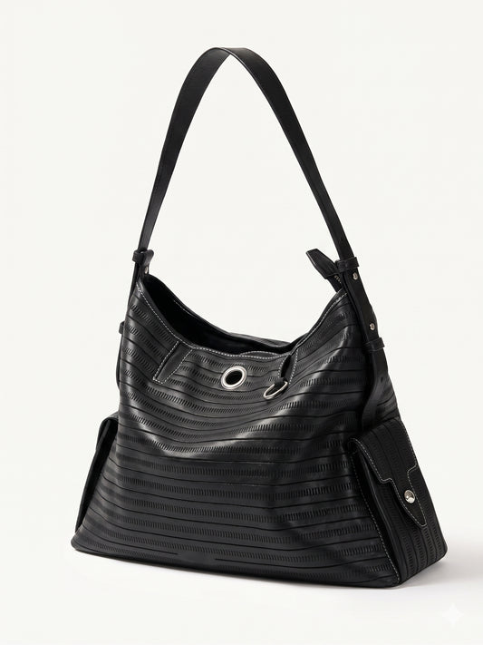 Black textured leather hobo bag in Cutline surface by LeatherLikee