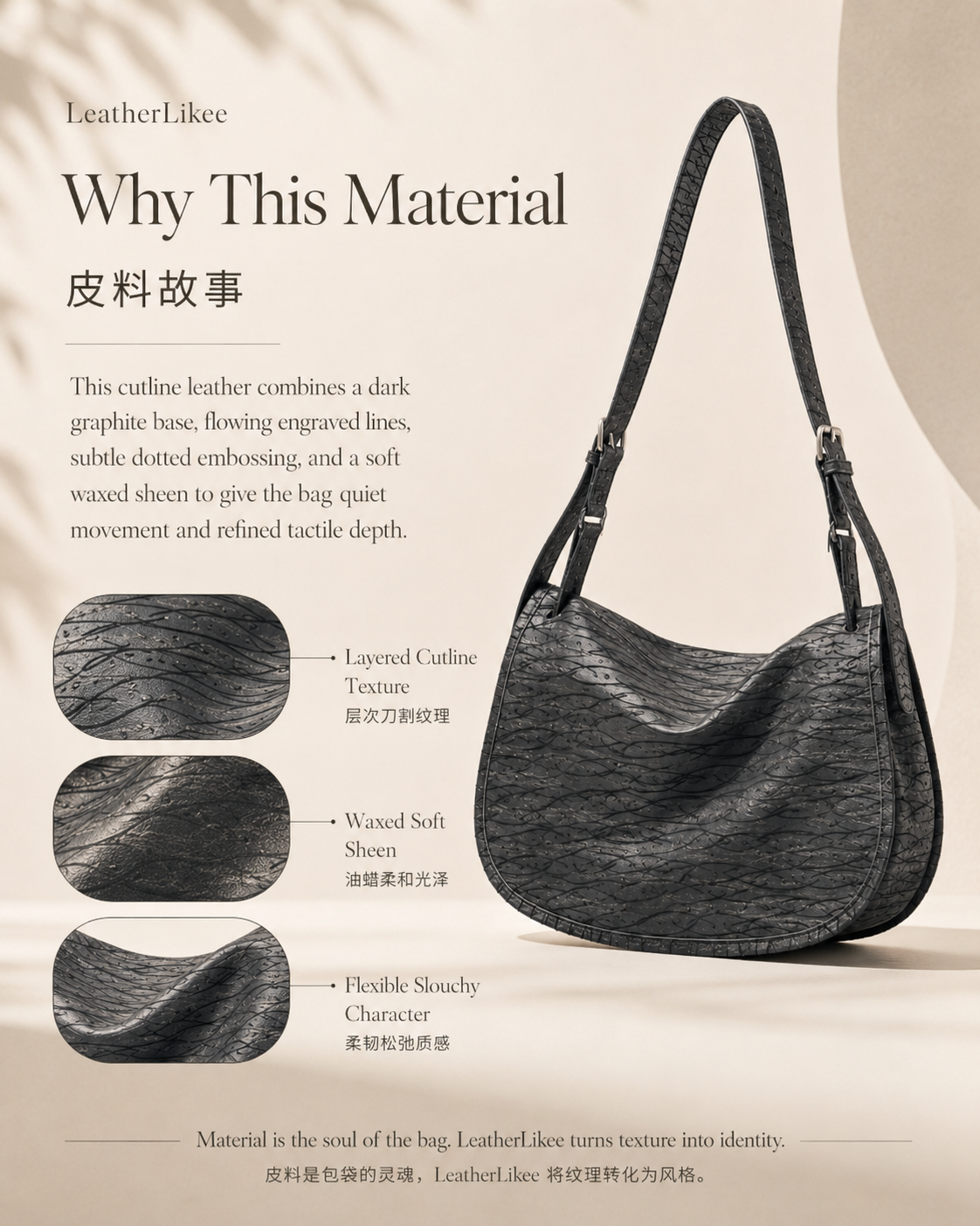 Shadow Cutline™ Textured Leather Hobo Saddle Bag with textured leather surface
