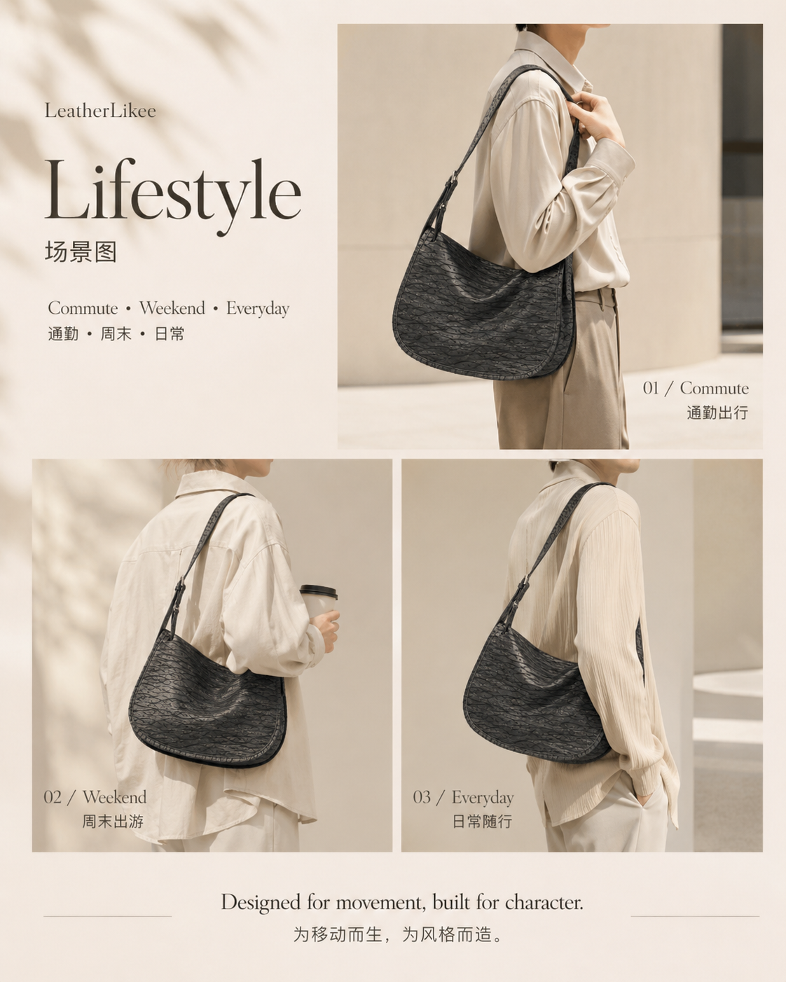 Shadow Cutline™ Textured Leather Hobo Saddle Bag with textured leather surface
