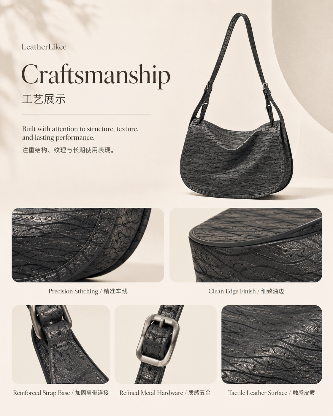 Shadow Cutline™ Textured Leather Hobo Saddle Bag with textured leather surface
