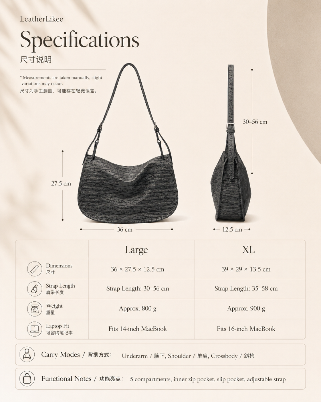 Shadow Cutline™ Textured Leather Hobo Saddle Bag with textured leather surface