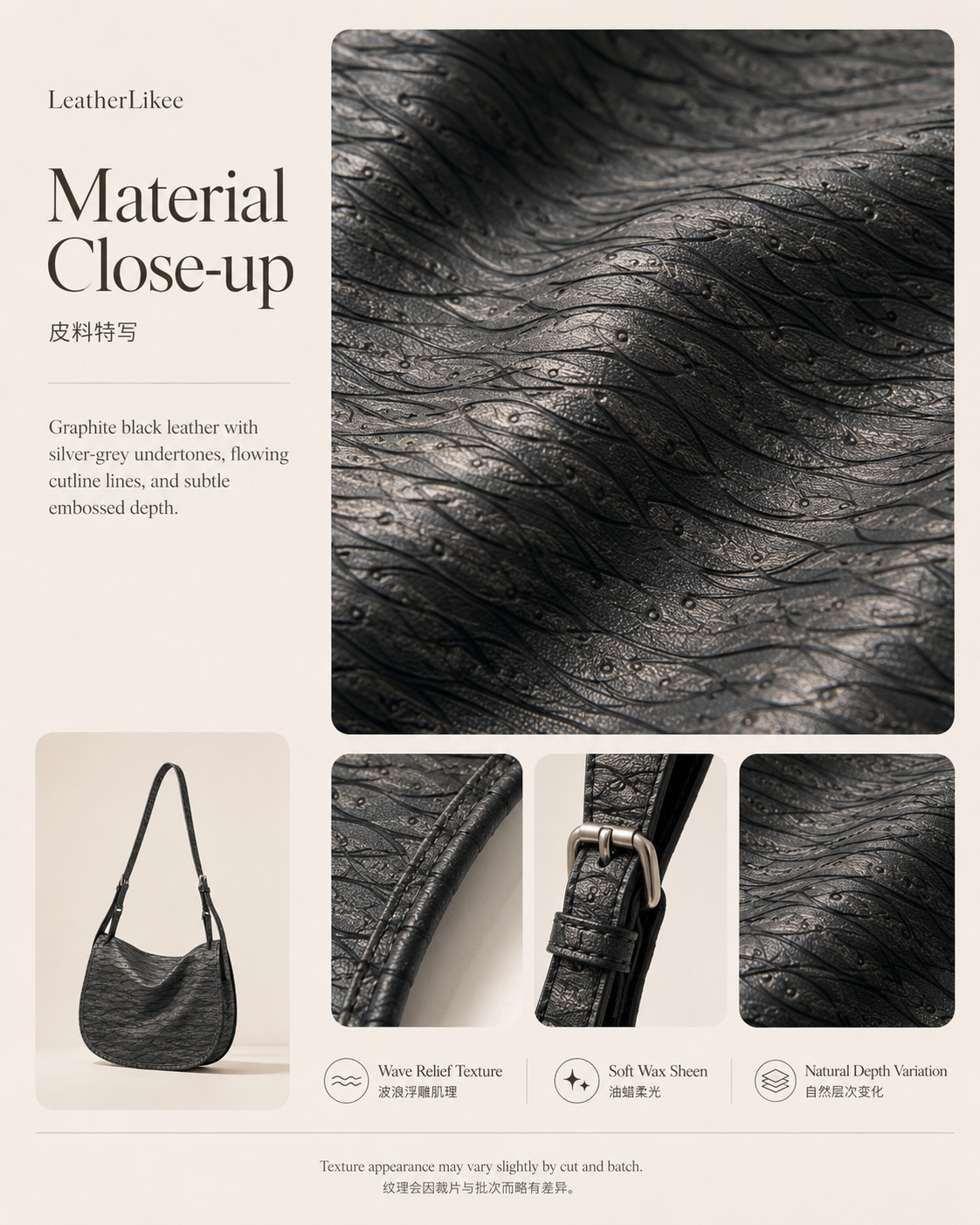 Shadow Cutline™ Textured Leather Hobo Saddle Bag with textured leather surface