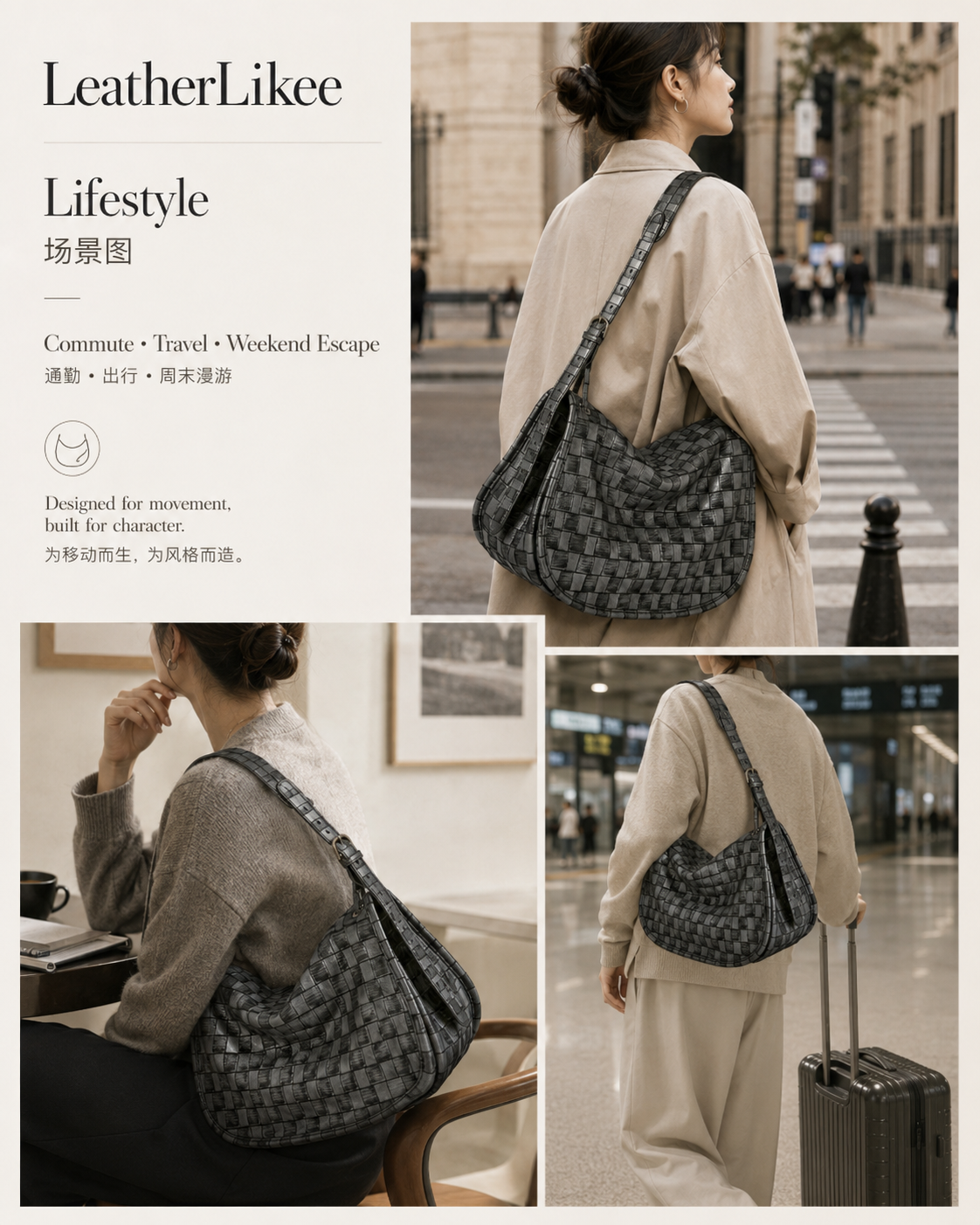 Woven Cutline™ Textured Leather Hobo Saddle Bag with textured leather surface