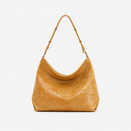 LeatherLikee Wrinkle Veil ivory wrinkled calf leather hobo bag front view