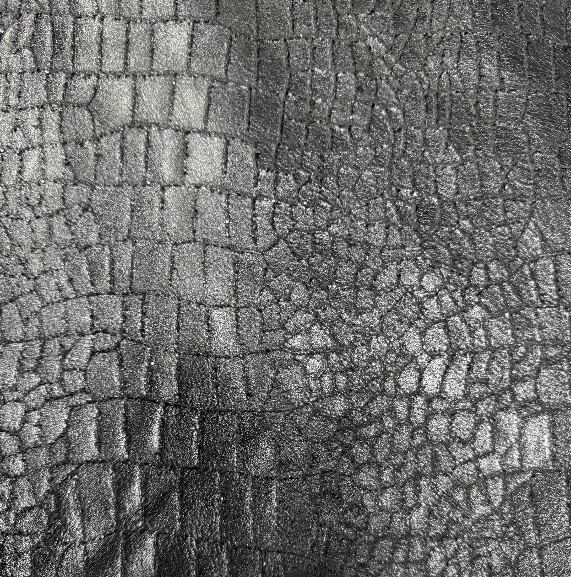 OS-01 Obsidian Scale crocodile and stone texture leather with dark silver sheen