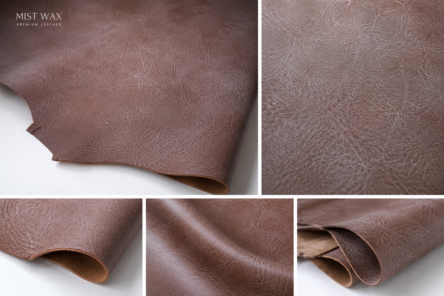 MW-01 Mist Wax leather with soft matte wax finish and natural grain detail board