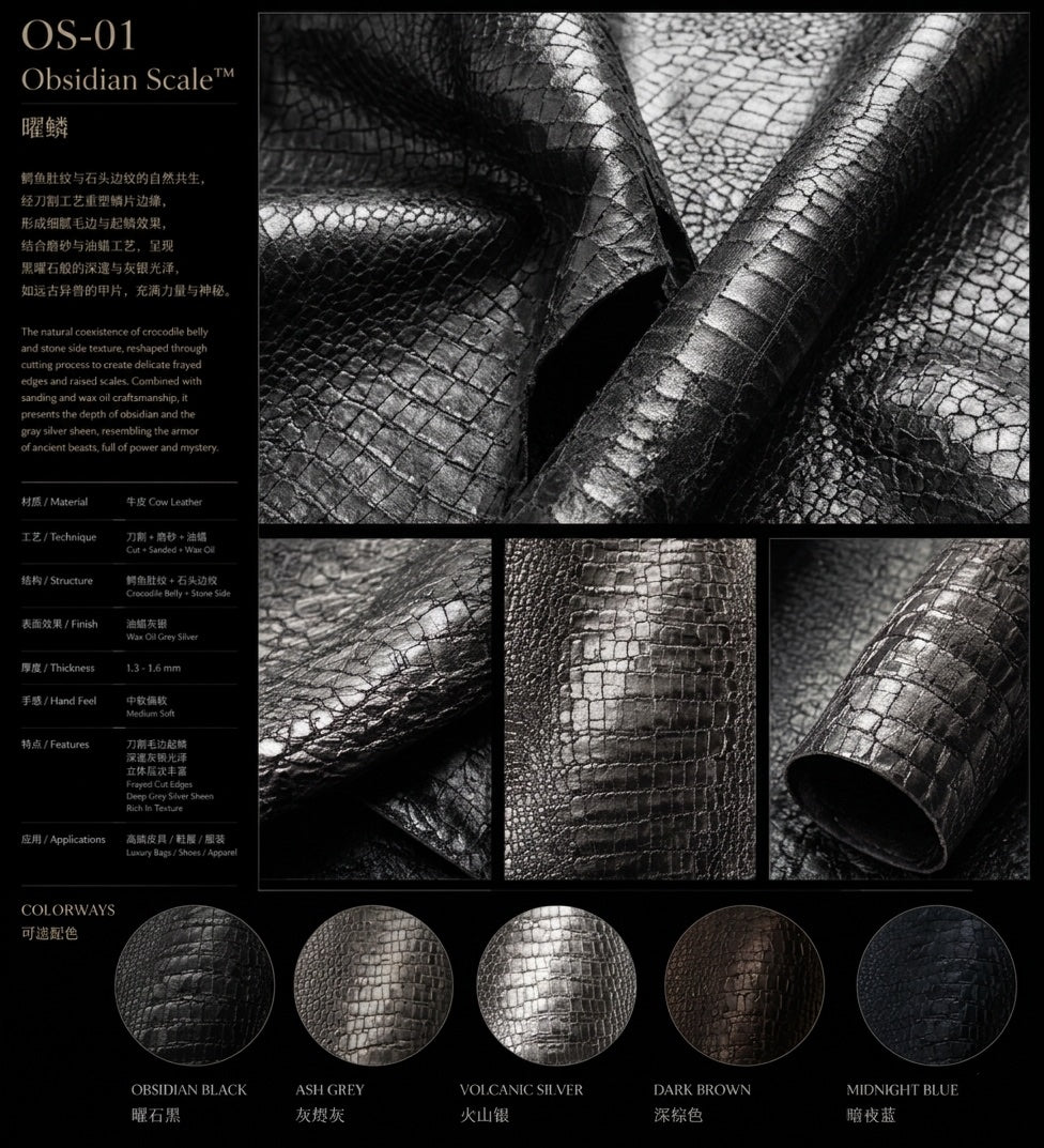 OS-01 Obsidian Scale crocodile and stone texture leather with dark silver sheen detail board