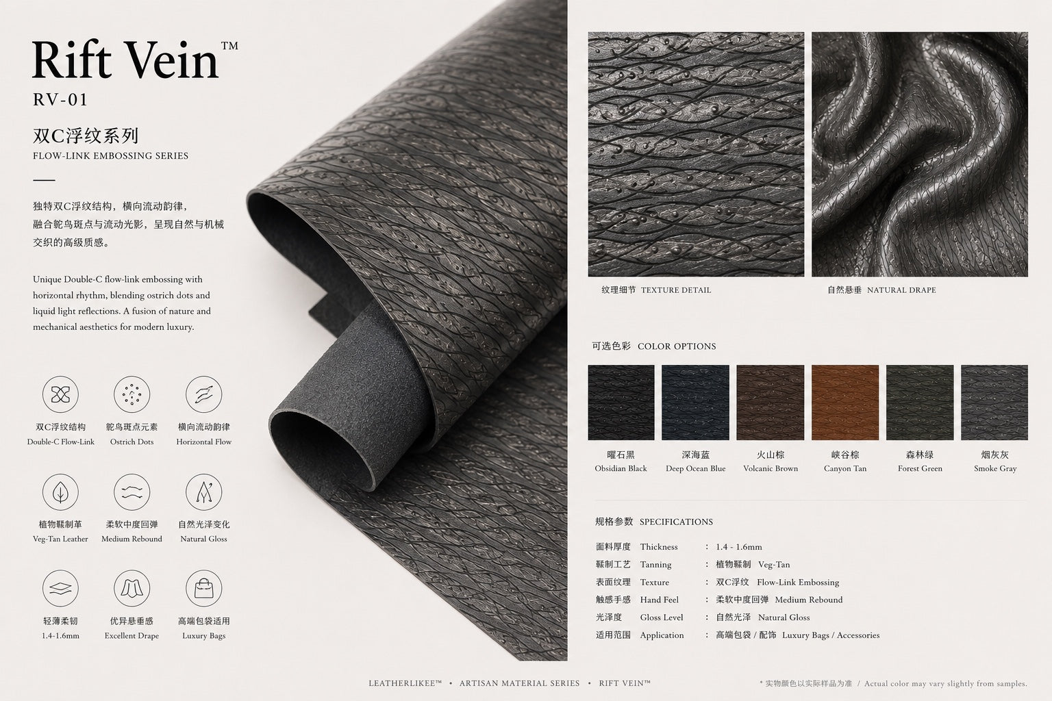 RV-01 Rift Vein double C flow link leather with ostrich dot embossing detail board